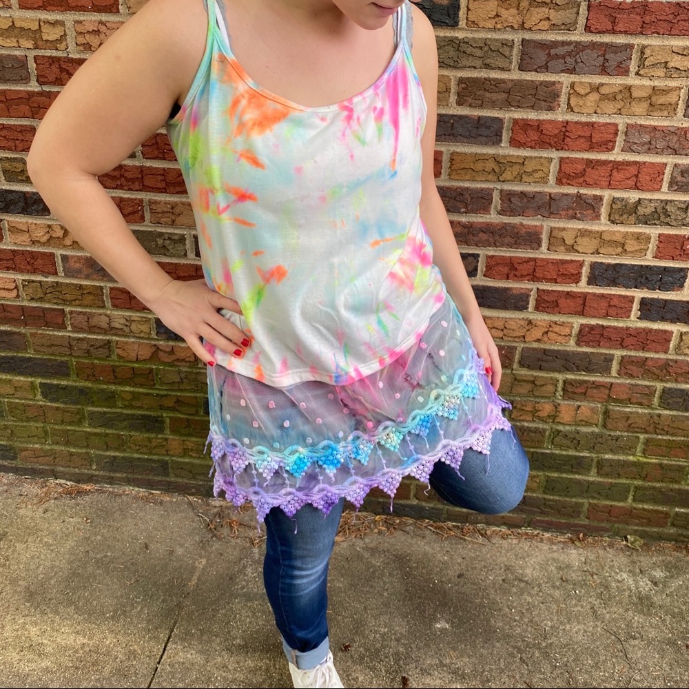Rainbow tie dye camisole with lace on bottom - Picture 2 of 13